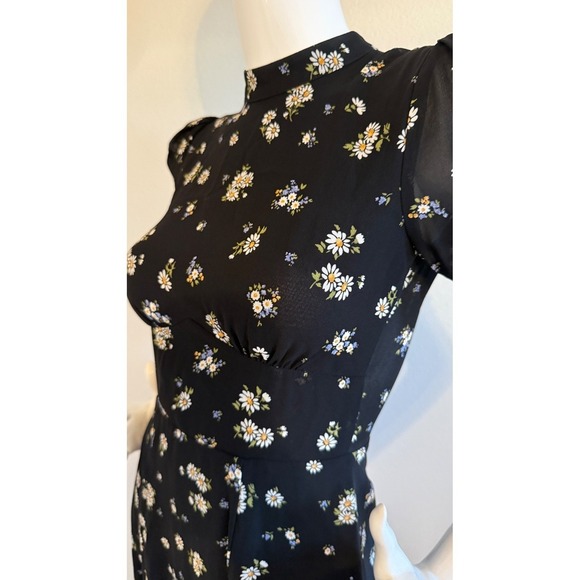 Reformation Black Floral Mock Neck Puff Sleeve Mini Dress Size 2 - Picture 12 of 15